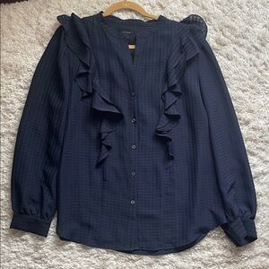 Ann Taylor Button Up Midnight Blue Ruffle Blouse Large